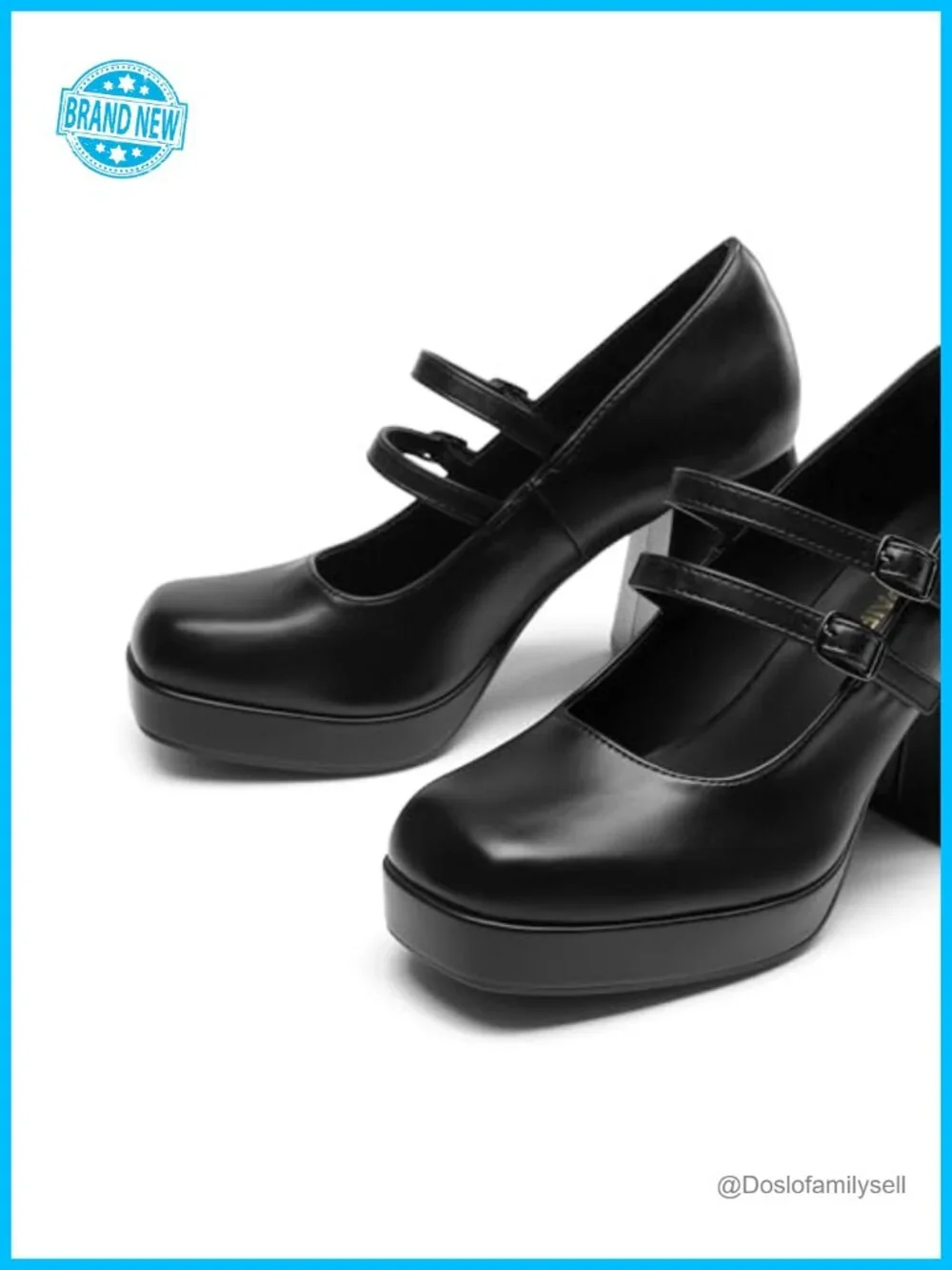 Platform Mary Jane Heels Chunky Block Faux Leather Square Toe